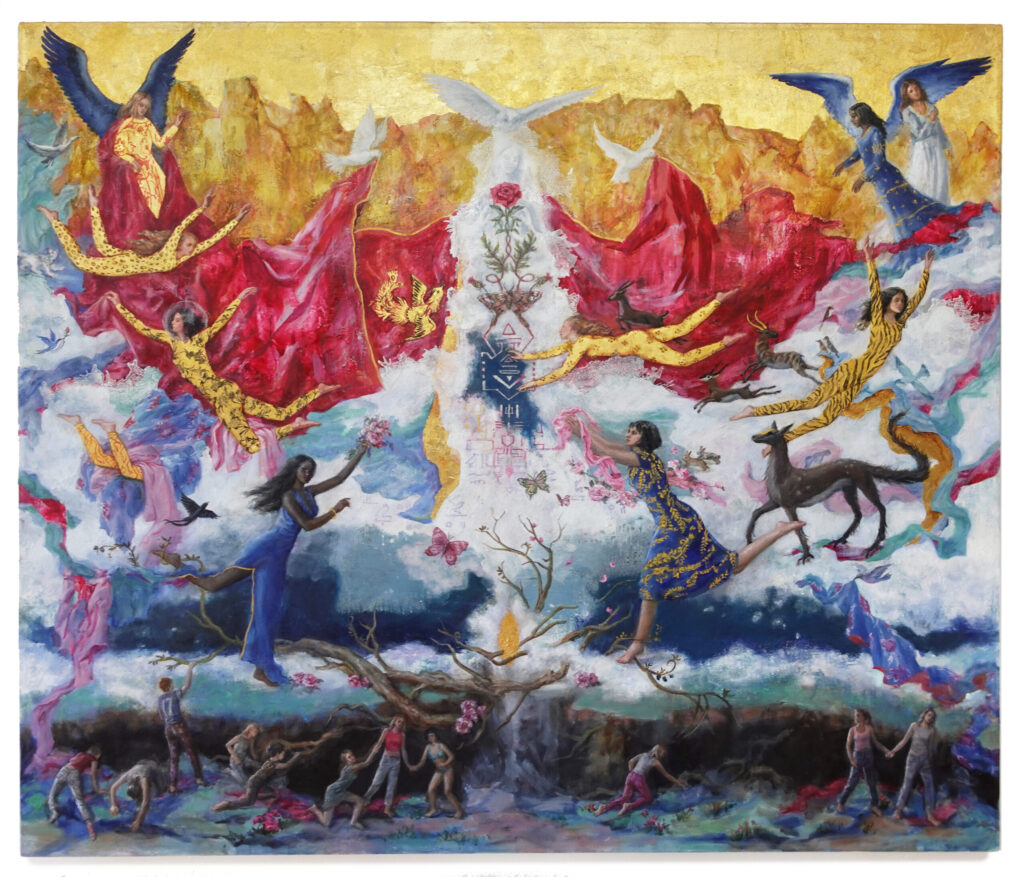 "The Weavers," oil and gold leaf on canvas,45"x50," 2026